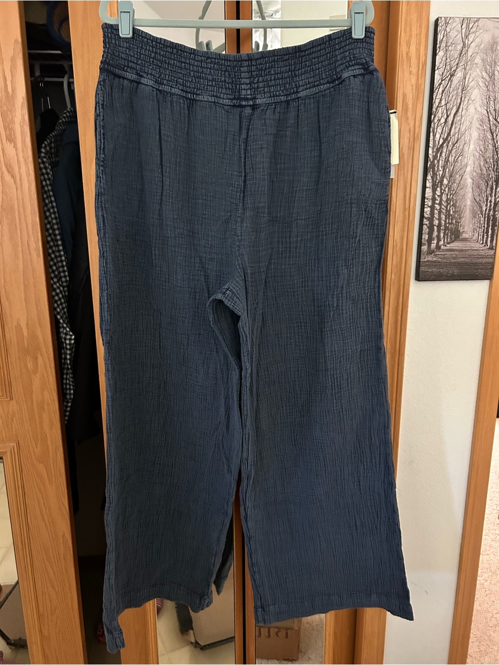 NWT Navy Crinkled Wide-Leg Pull-On Pants